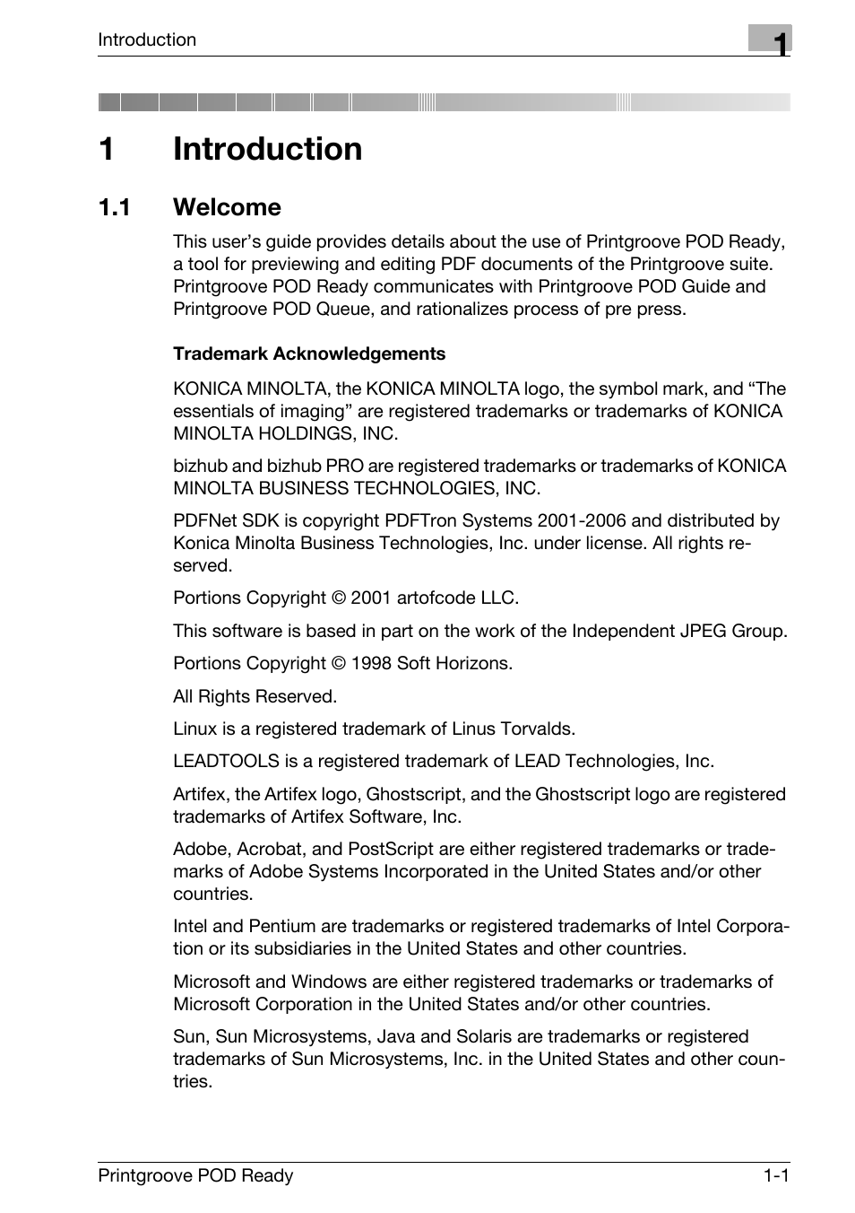 1 introduction, 1 welcome, Introduction | Welcome -1, 1introduction | Konica Minolta Printgroove User Manual | Page 5 / 239