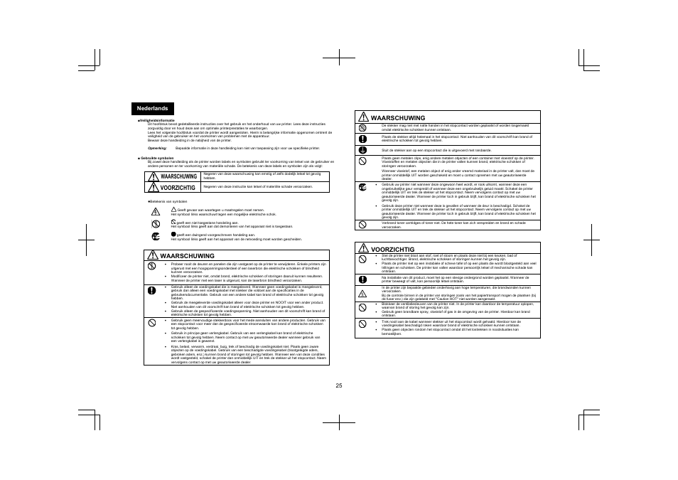 25 nederlands, Waarschuwing, Voorzichtig | Konica Minolta pagepro 4650 User Manual | Page 24 / 46
