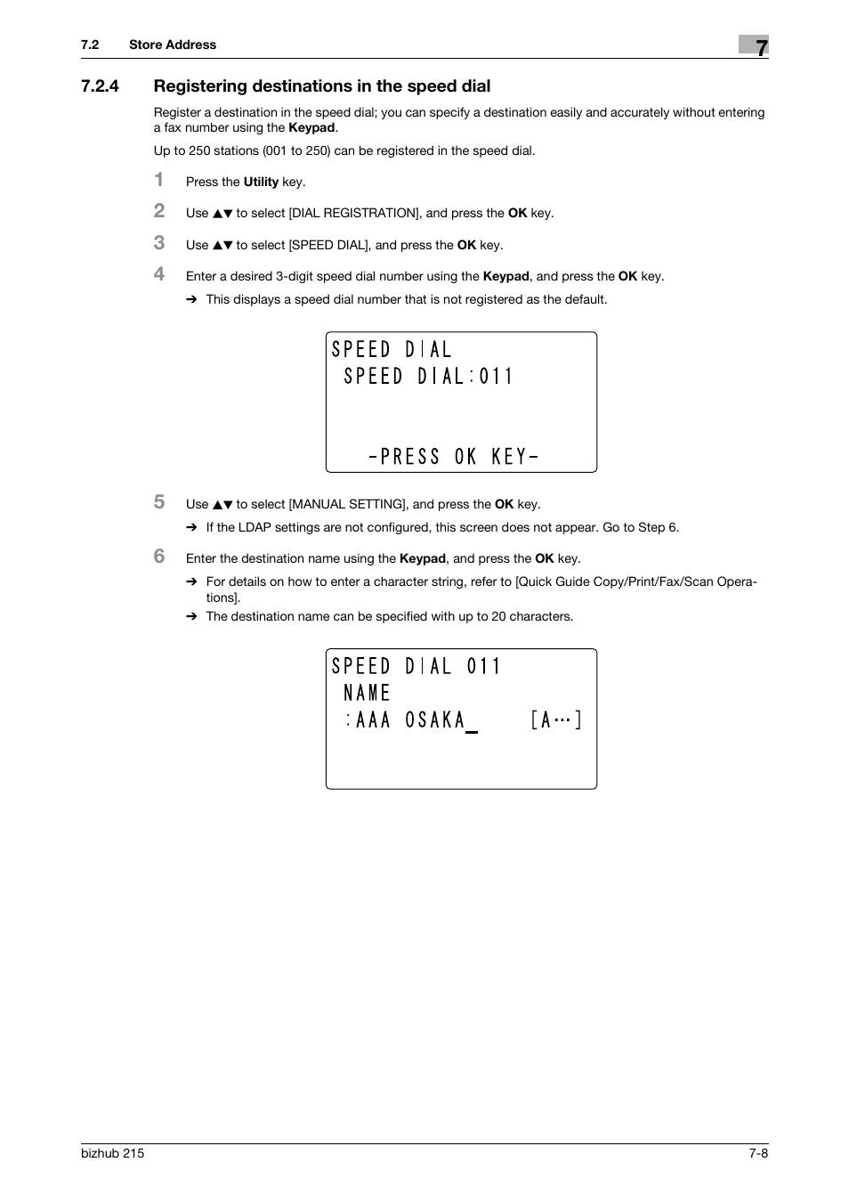 4 registering destinations in the speed dial, Registering destinations in the speed dial -8 | Konica Minolta Bizhub 215 User Manual | Page 107 / 166