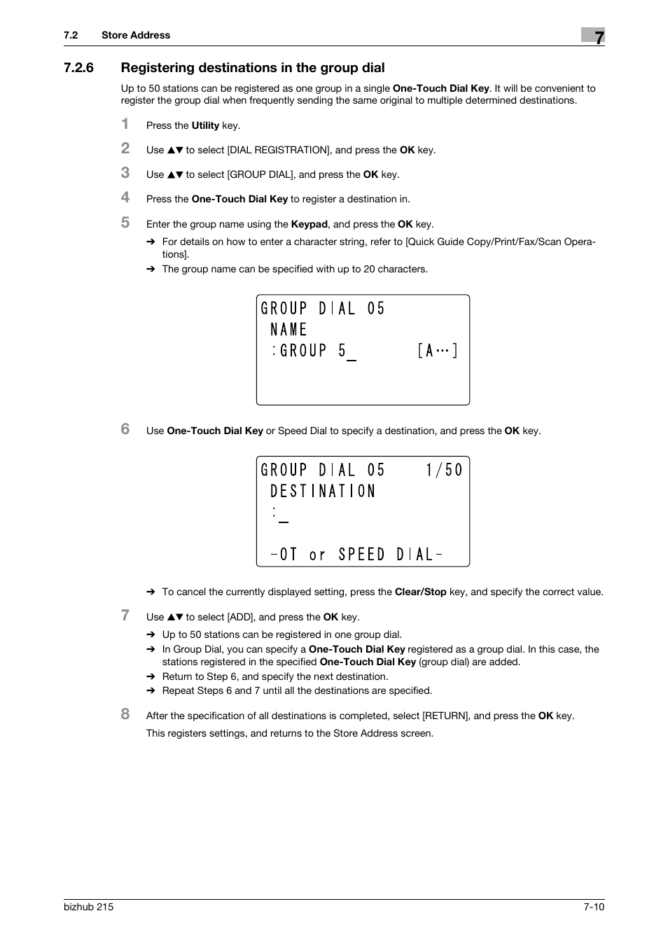 6 registering destinations in the group dial, Registering destinations in the group dial -10 | Konica Minolta Bizhub 215 User Manual | Page 109 / 166