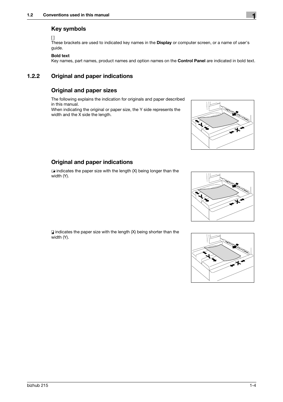 Key symbols, 2 original and paper indications, Original and paper sizes | Original and paper indications, Key symbols -4 | Konica Minolta Bizhub 215 User Manual | Page 11 / 166