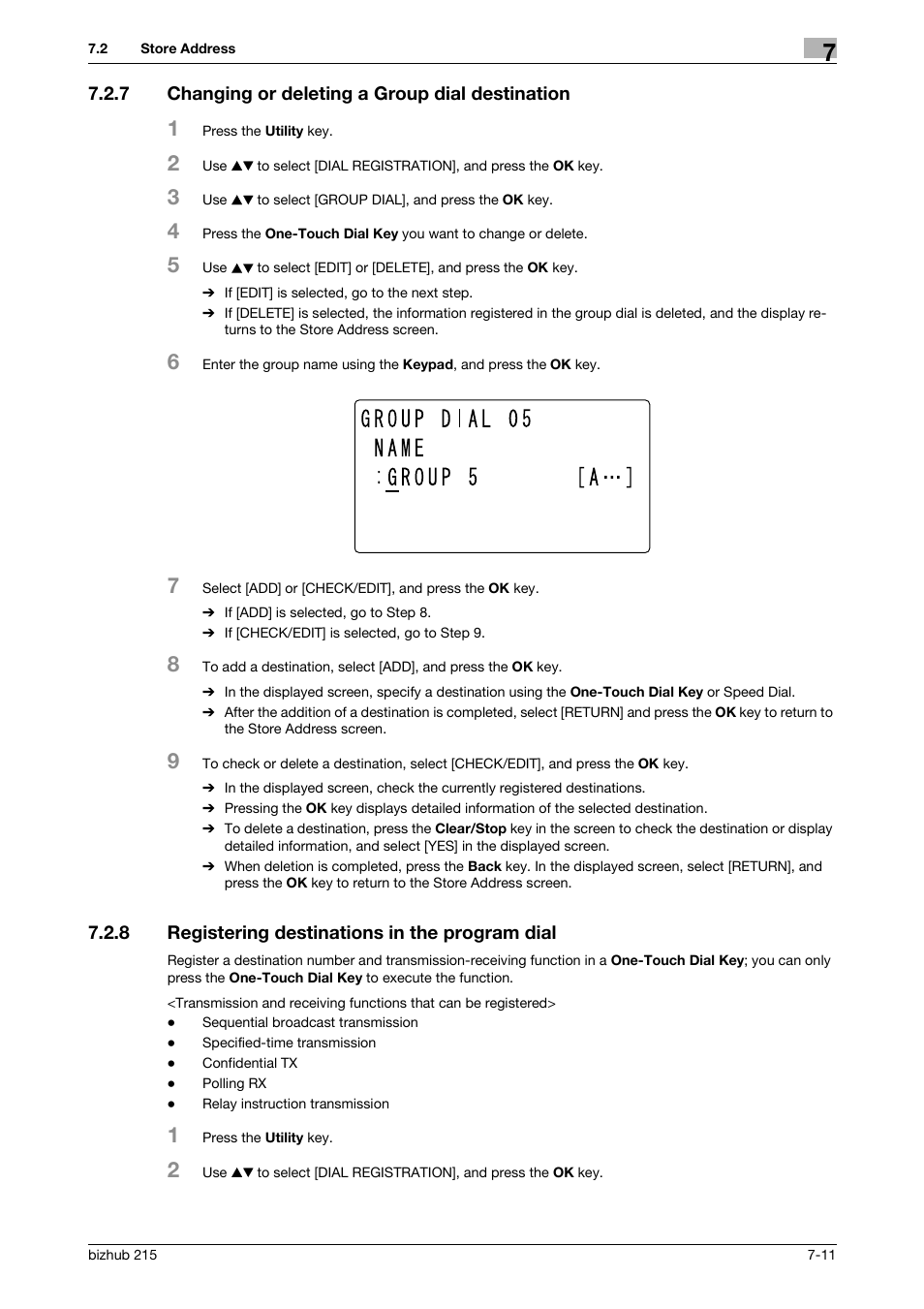 7 changing or deleting a group dial destination, 8 registering destinations in the program dial, Changing or deleting a group dial destination -11 | Registering destinations in the program dial -11 | Konica Minolta Bizhub 215 User Manual | Page 110 / 166