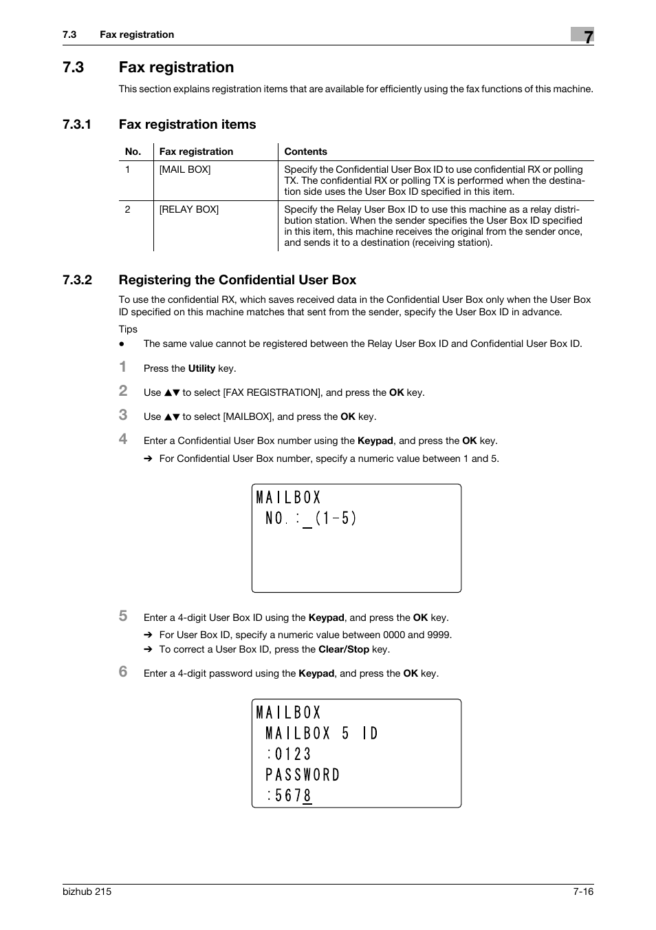 3 fax registration, 1 fax registration items, 2 registering the confidential user box | Fax registration -16, Fax registration items -16, Registering the confidential user box -16, P. 7-16 | Konica Minolta Bizhub 215 User Manual | Page 115 / 166