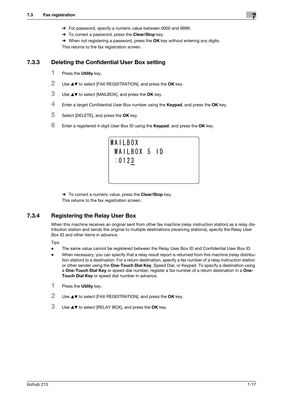 3 deleting the confidential user box setting, 4 registering the relay user box, Deleting the confidential user box setting -17 | Registering the relay user box -17 | Konica Minolta Bizhub 215 User Manual | Page 116 / 166