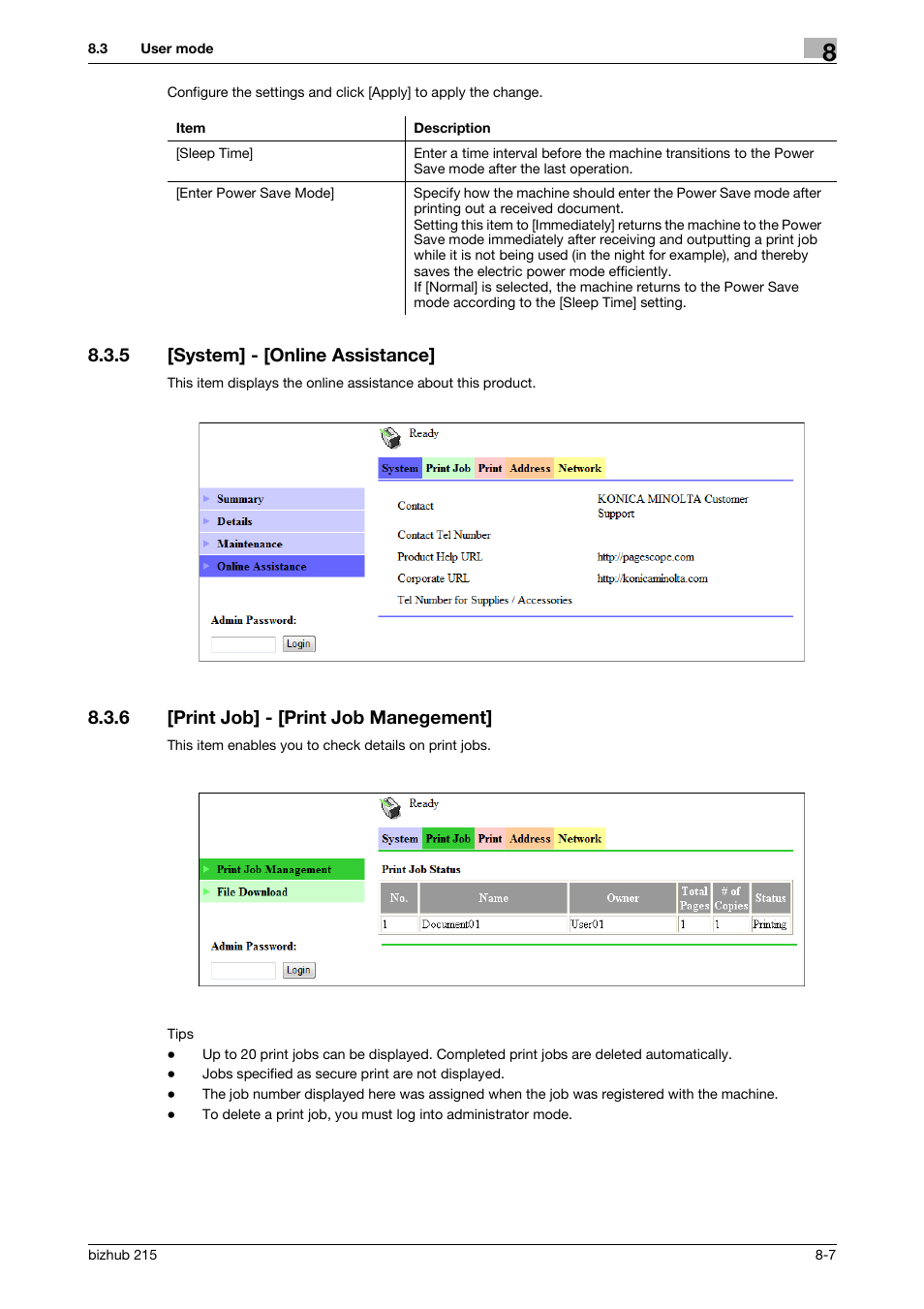 5 [system] - [online assistance, 6 [print job] - [print job manegement, System] - [online assistance] -7 | Print job] - [print job manegement] -7 | Konica Minolta Bizhub 215 User Manual | Page 134 / 166