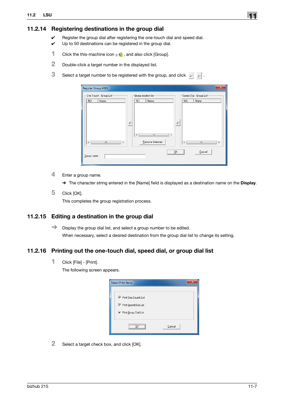 14 registering destinations in the group dial, 15 editing a destination in the group dial, Registering destinations in the group dial -7 | Editing a destination in the group dial -7 | Konica Minolta Bizhub 215 User Manual | Page 153 / 166