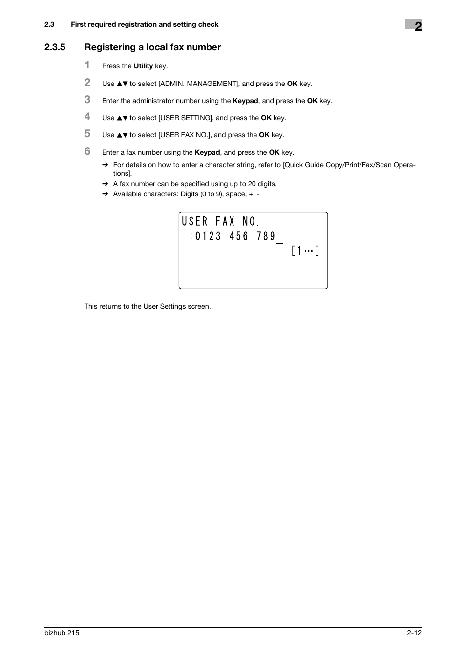 5 registering a local fax number, Registering a local fax number -12 | Konica Minolta Bizhub 215 User Manual | Page 23 / 166