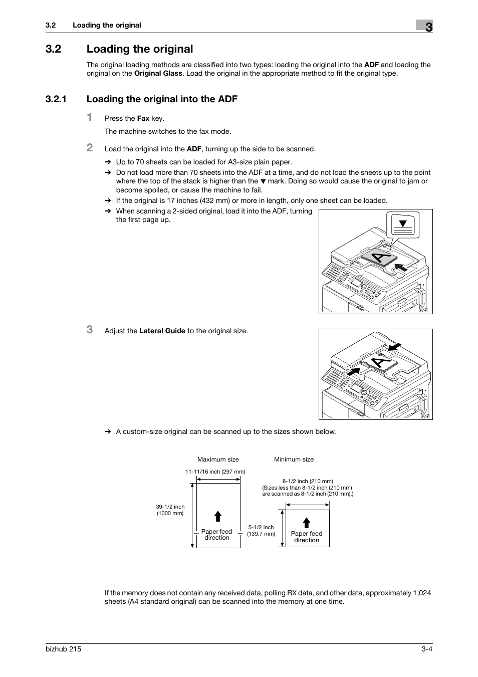 2 loading the original, 1 loading the original into the adf, Loading the original -4 | Loading the original into the adf -4 | Konica Minolta Bizhub 215 User Manual | Page 30 / 166