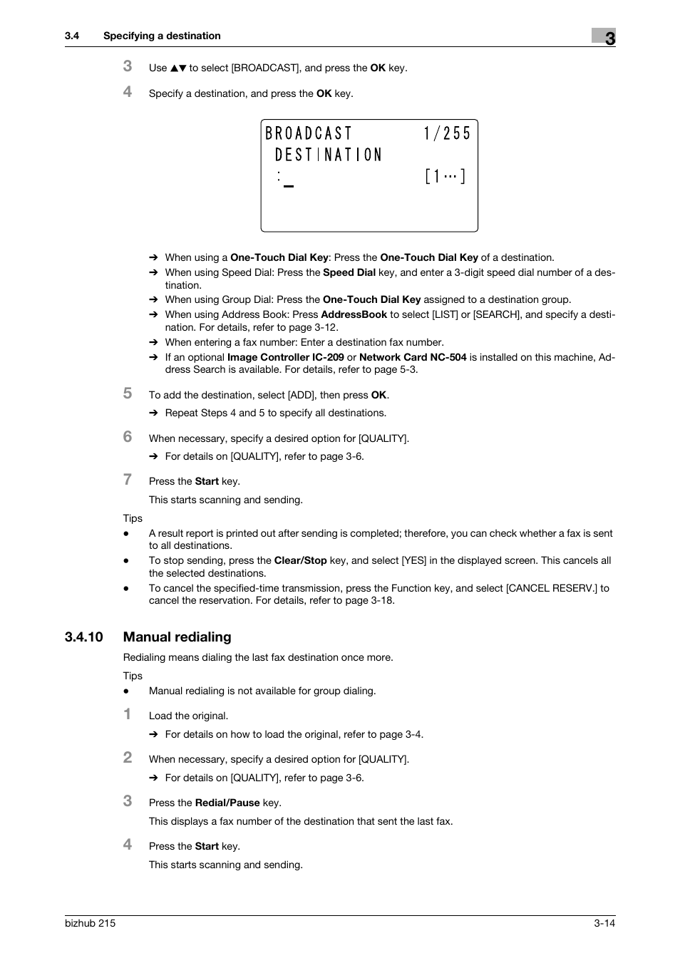 10 manual redialing, Manual redialing -14, P. 3-14 | Konica Minolta Bizhub 215 User Manual | Page 40 / 166