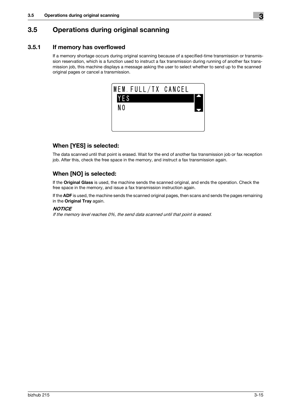 5 operations during original scanning, 1 if memory has overflowed, When [yes] is selected | When [no] is selected, Operations during original scanning -15 | Konica Minolta Bizhub 215 User Manual | Page 41 / 166