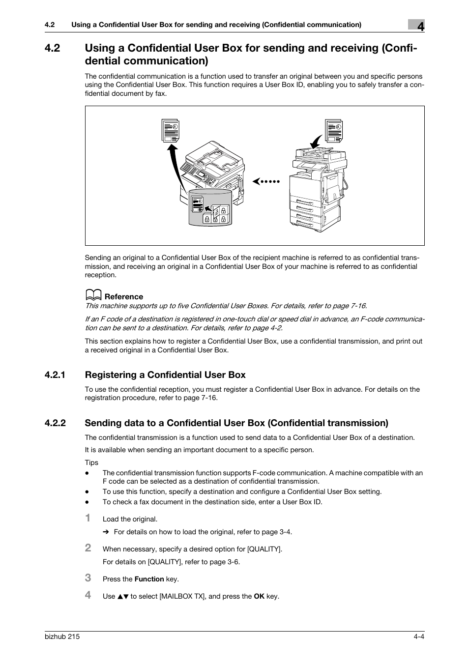 1 registering a confidential user box, Registering a confidential user box -4, P. 4-4 | Konica Minolta Bizhub 215 User Manual | Page 58 / 166