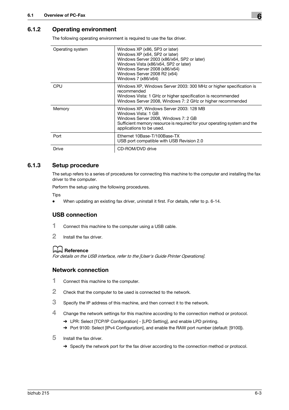 2 operating environment, 3 setup procedure, Usb connection | Network connection, Operating environment -3 | Konica Minolta Bizhub 215 User Manual | Page 80 / 166