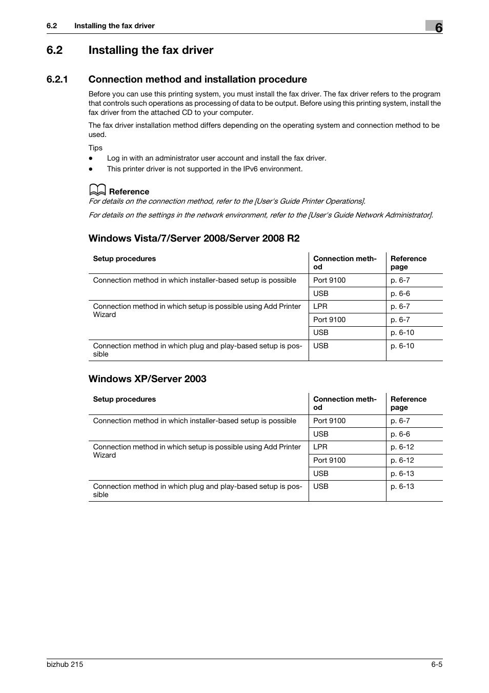 2 installing the fax driver, 1 connection method and installation procedure, Windows vista/7/server 2008/server 2008 r2 | Windows xp/server 2003, Installing the fax driver -5 | Konica Minolta Bizhub 215 User Manual | Page 82 / 166