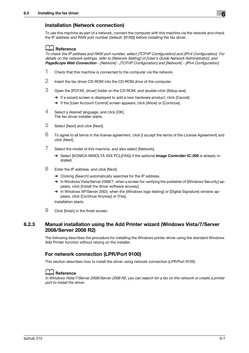 Installation (network connection), For network connection (lpr/port 9100), Installation (network connection) -7 | P. 6-7 | Konica Minolta Bizhub 215 User Manual | Page 84 / 166