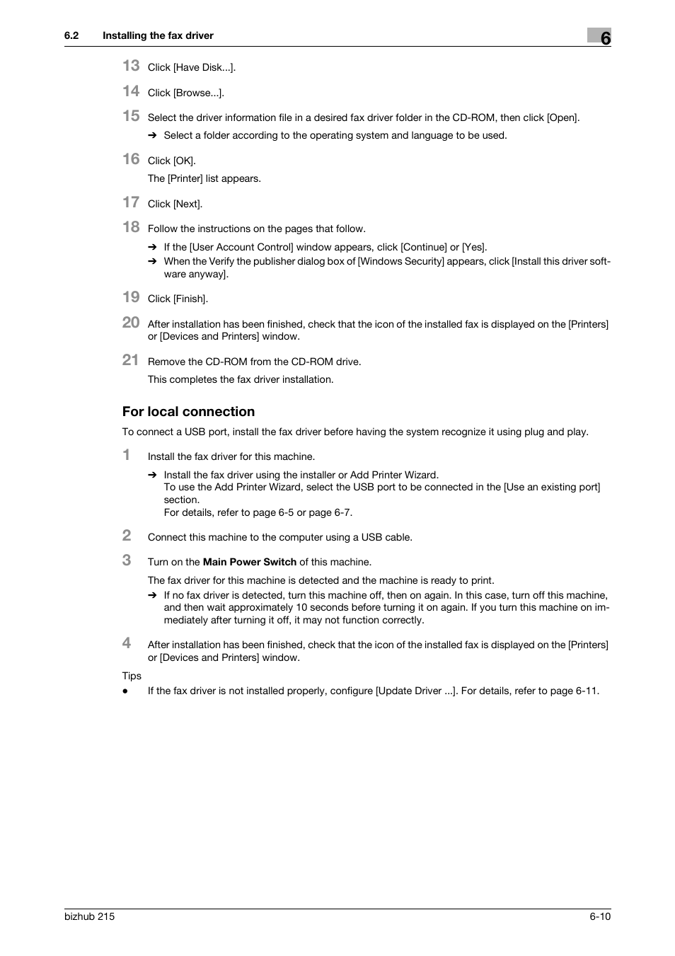 For local connection, For local connection -10, P. 6-10 | Konica Minolta Bizhub 215 User Manual | Page 87 / 166