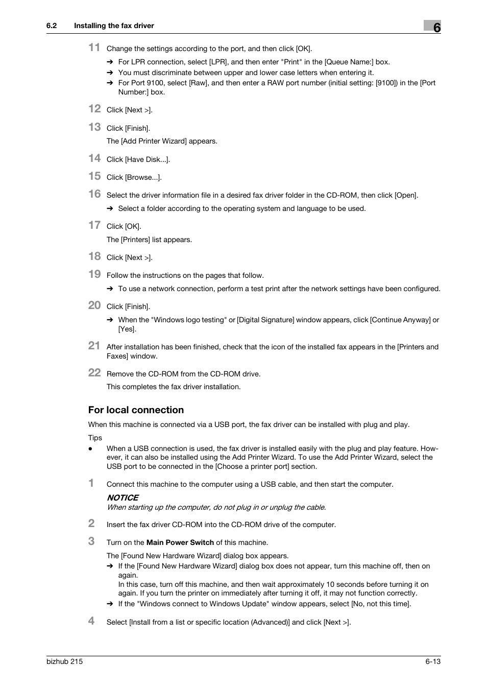 For local connection, For local connection -13, P. 6-13 | Konica Minolta Bizhub 215 User Manual | Page 90 / 166