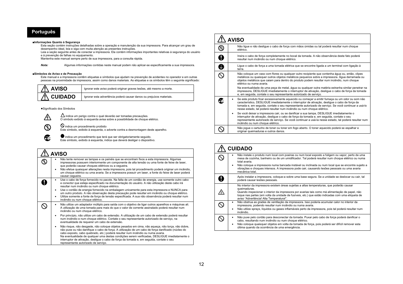 Aviso, Cuidado, 12 português | Konica Minolta bizhub C20 User Manual | Page 13 / 43