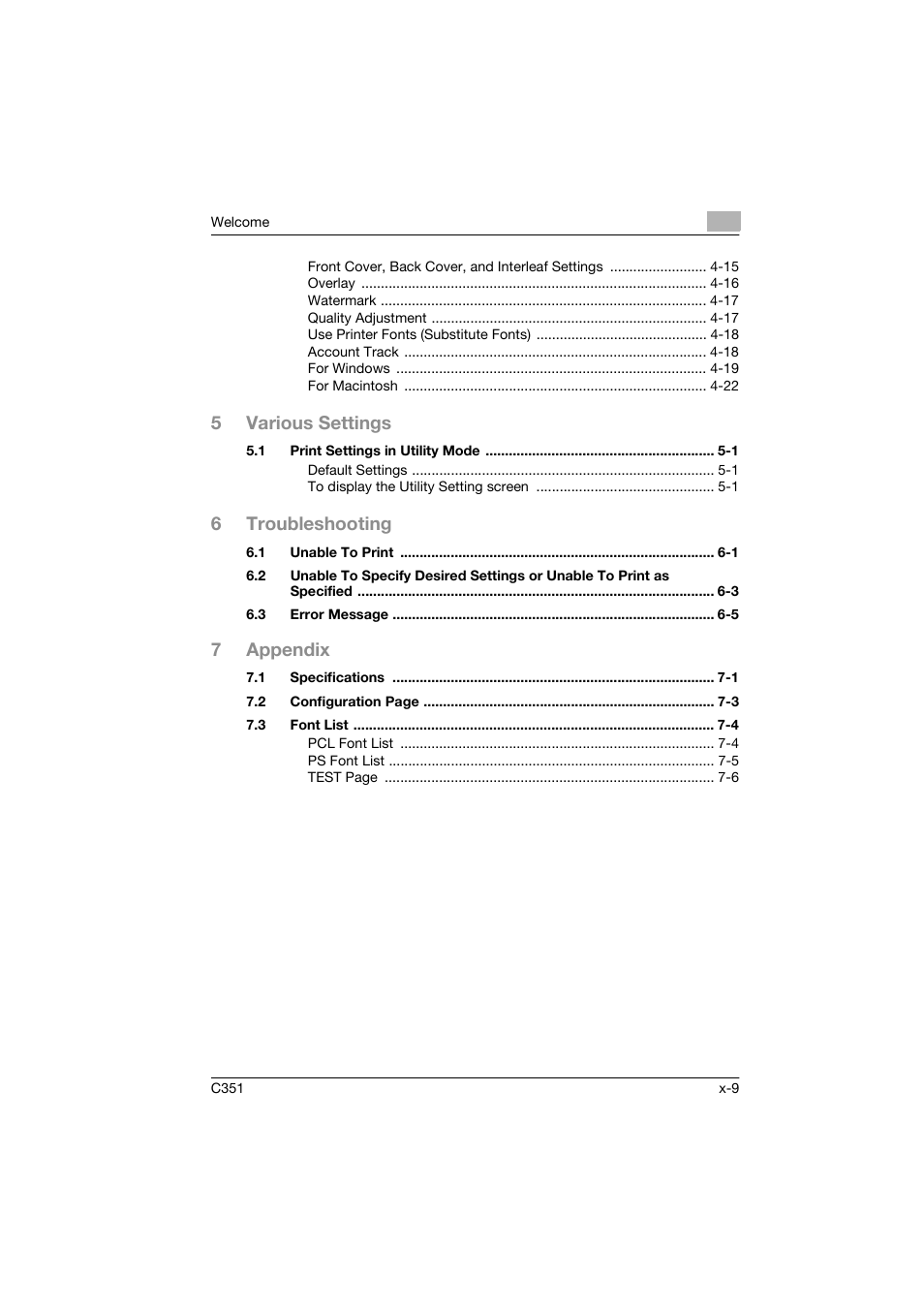 5various settings, 6troubleshooting, 7appendix | Konica Minolta BIZHUB C351 User Manual | Page 10 / 90