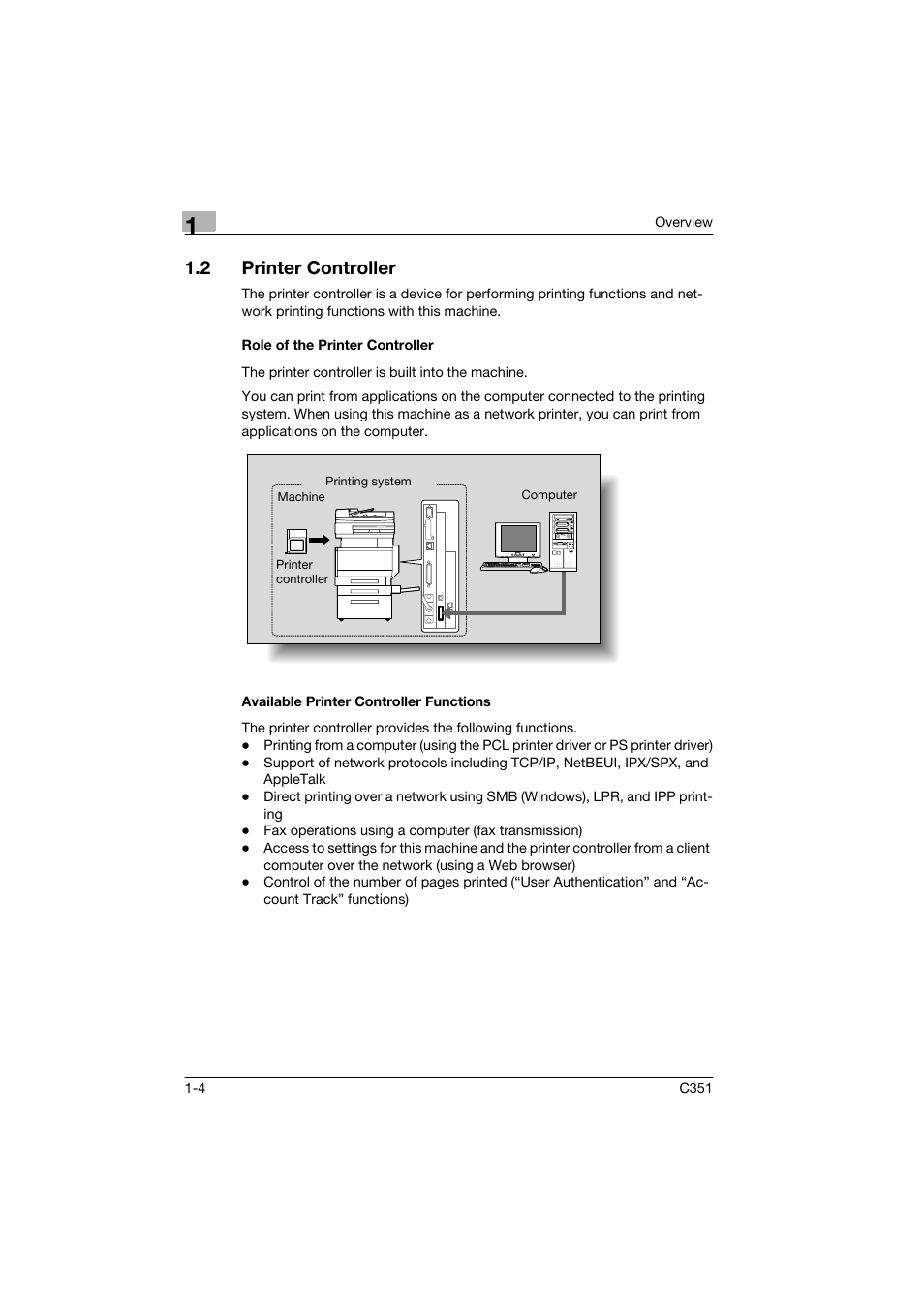 2 printer controller, Role of the printer controller, Available printer controller functions | Printer controller -4 | Konica Minolta BIZHUB C351 User Manual | Page 17 / 90