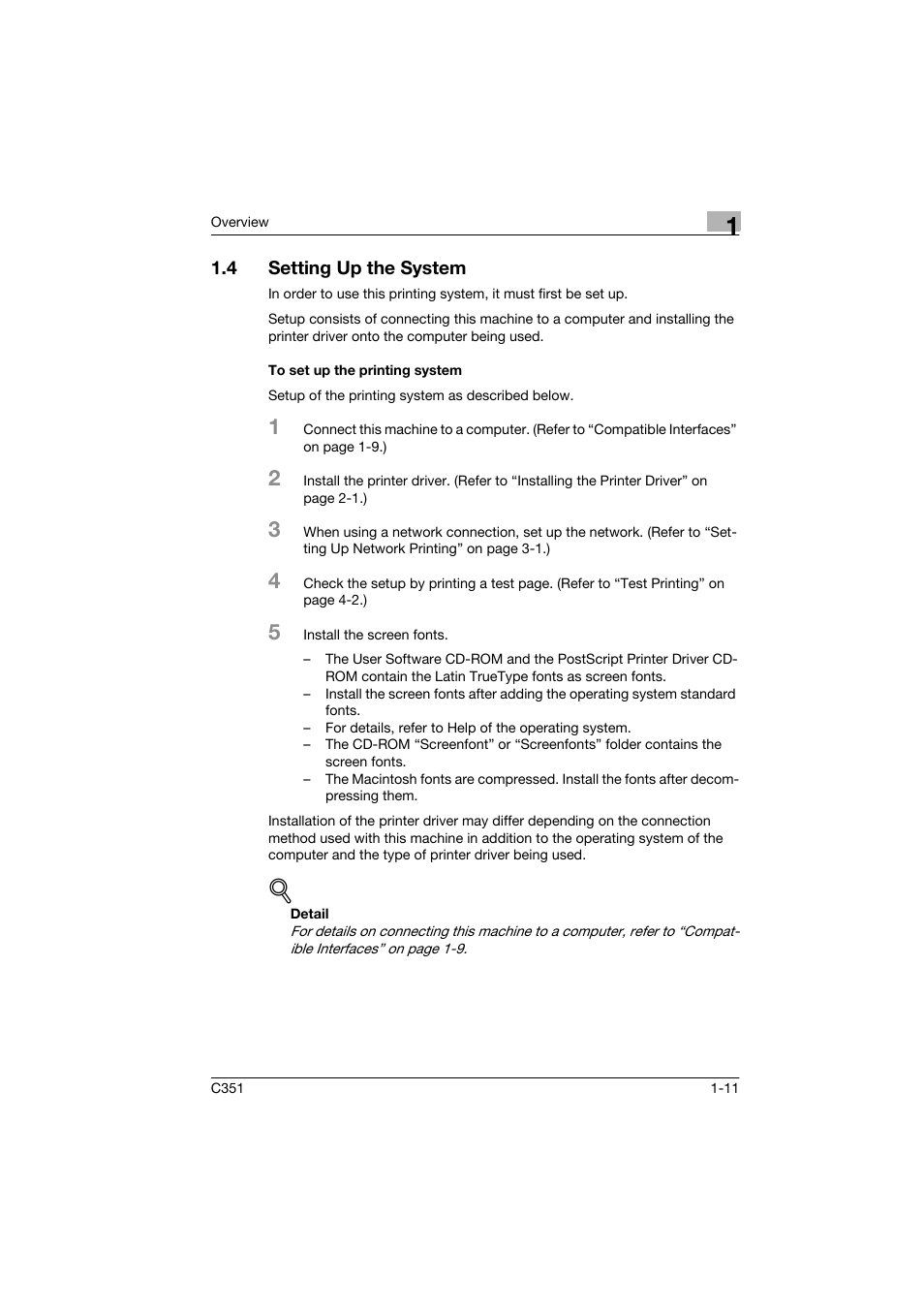 4 setting up the system, To set up the printing system, Setting up the system -11 | To set up the printing system -11 | Konica Minolta BIZHUB C351 User Manual | Page 24 / 90