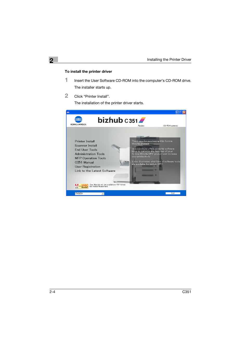 To install the printer driver, To install the printer driver -4 | Konica Minolta BIZHUB C351 User Manual | Page 29 / 90
