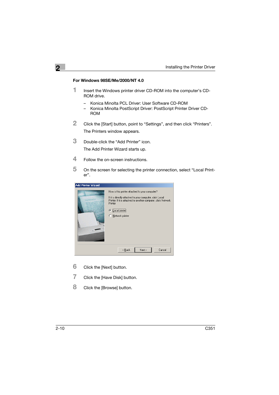 For windows 98se/me/2000/nt 4.0, For windows 98se/me/2000/nt 4.0 -10 | Konica Minolta BIZHUB C351 User Manual | Page 35 / 90