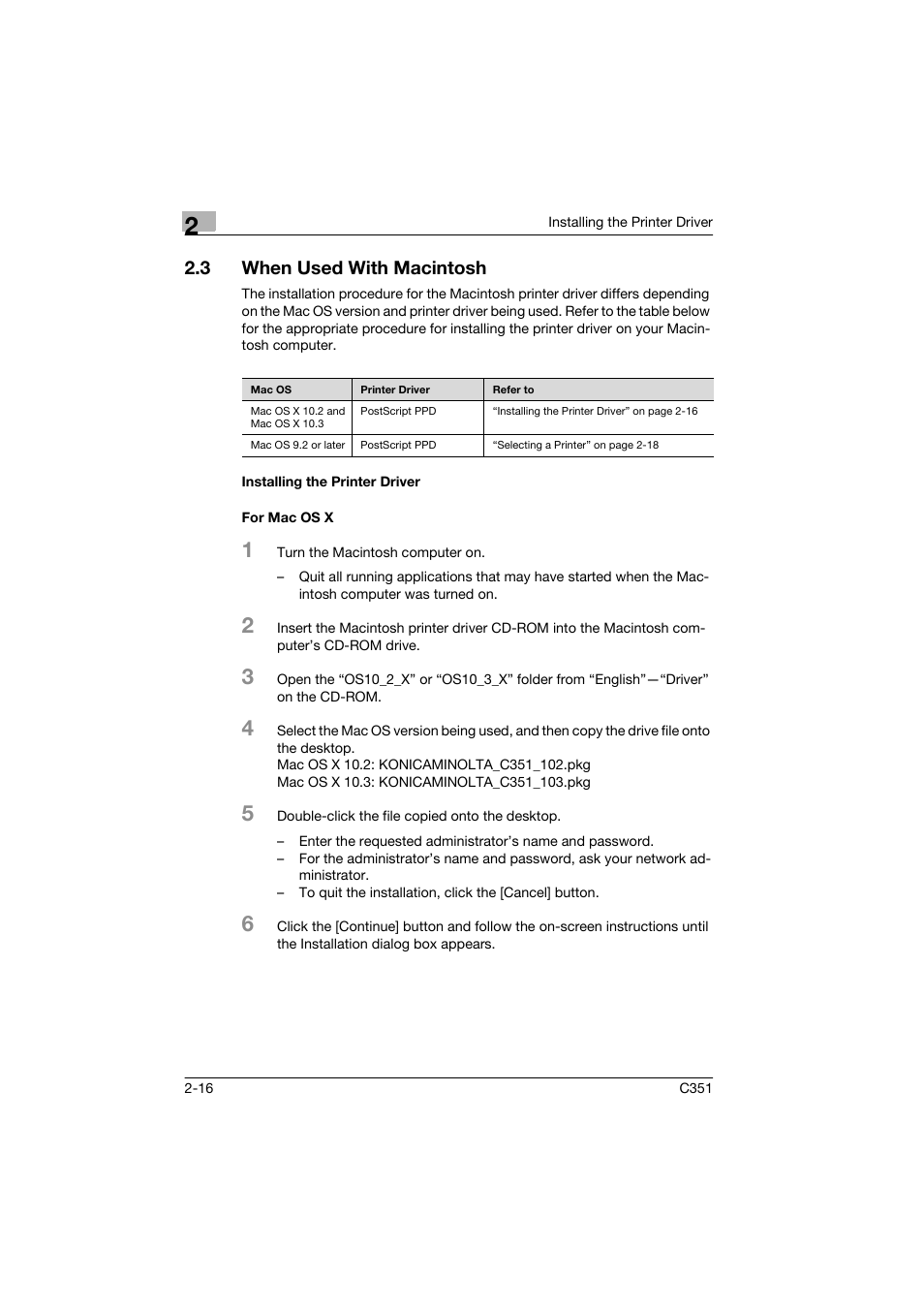 3 when used with macintosh, Installing the printer driver, For mac os x | When used with macintosh -16, Installing the printer driver -16 for mac os x -16 | Konica Minolta BIZHUB C351 User Manual | Page 41 / 90