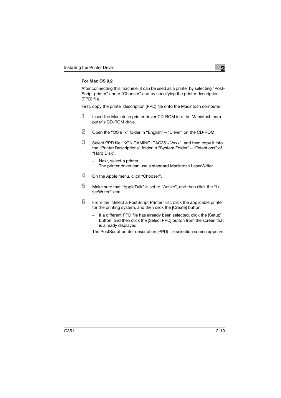 For mac os 9.2, For mac os 9.2 -19 | Konica Minolta BIZHUB C351 User Manual | Page 44 / 90