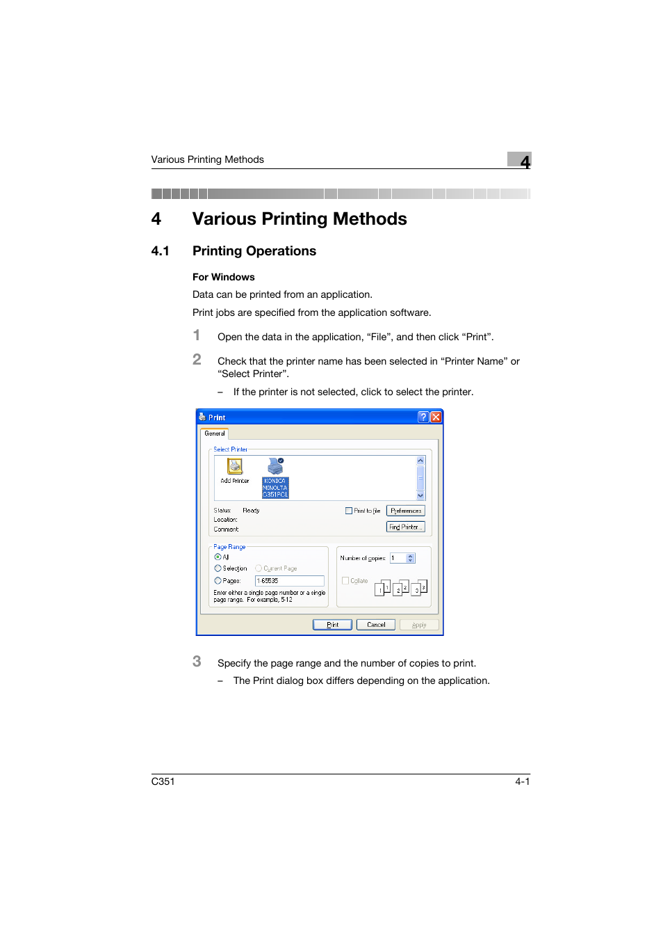 4 various printing methods, 1 printing operations, For windows | Various printing methods, Printing operations -1, For windows -1, 4various printing methods | Konica Minolta BIZHUB C351 User Manual | Page 54 / 90