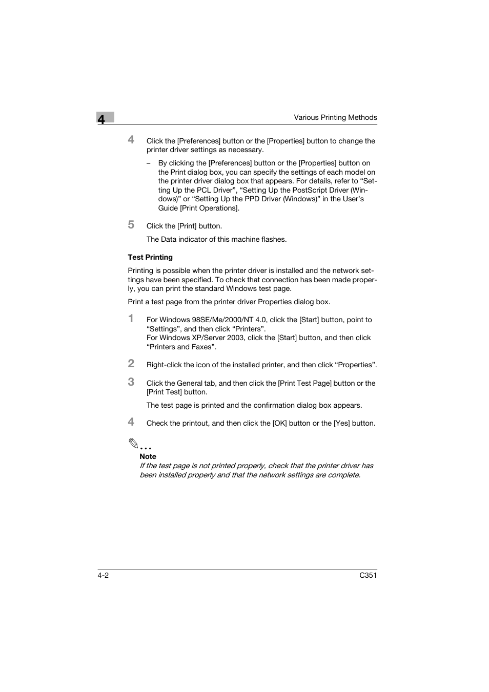 Test printing, Test printing -2 | Konica Minolta BIZHUB C351 User Manual | Page 55 / 90