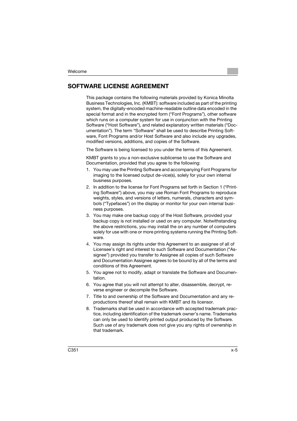 Software license agreement | Konica Minolta BIZHUB C351 User Manual | Page 6 / 90