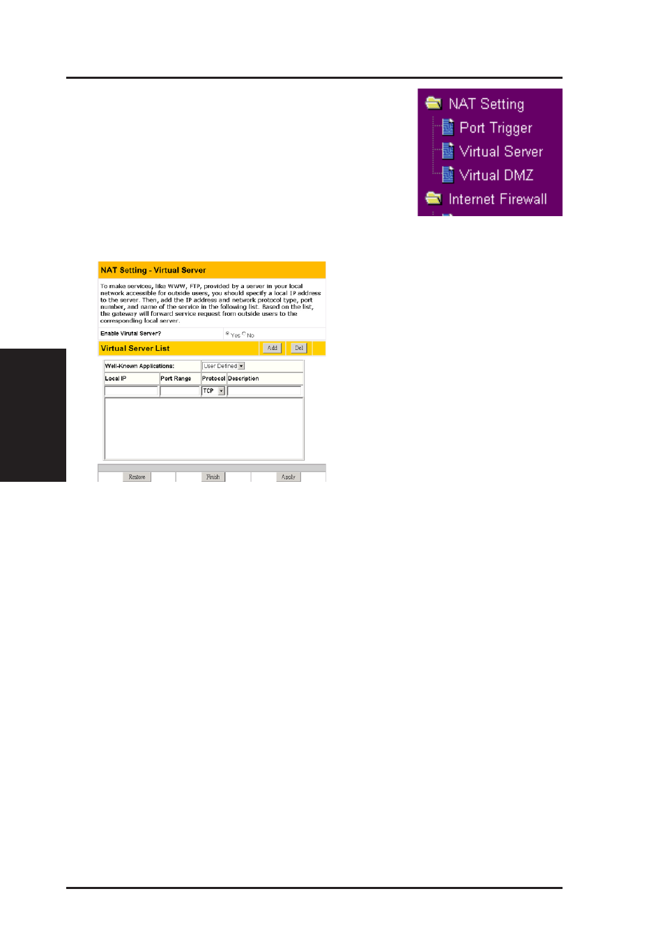 Nat setting (cont.) | Asus WL-530g User Manual | Page 44 / 73