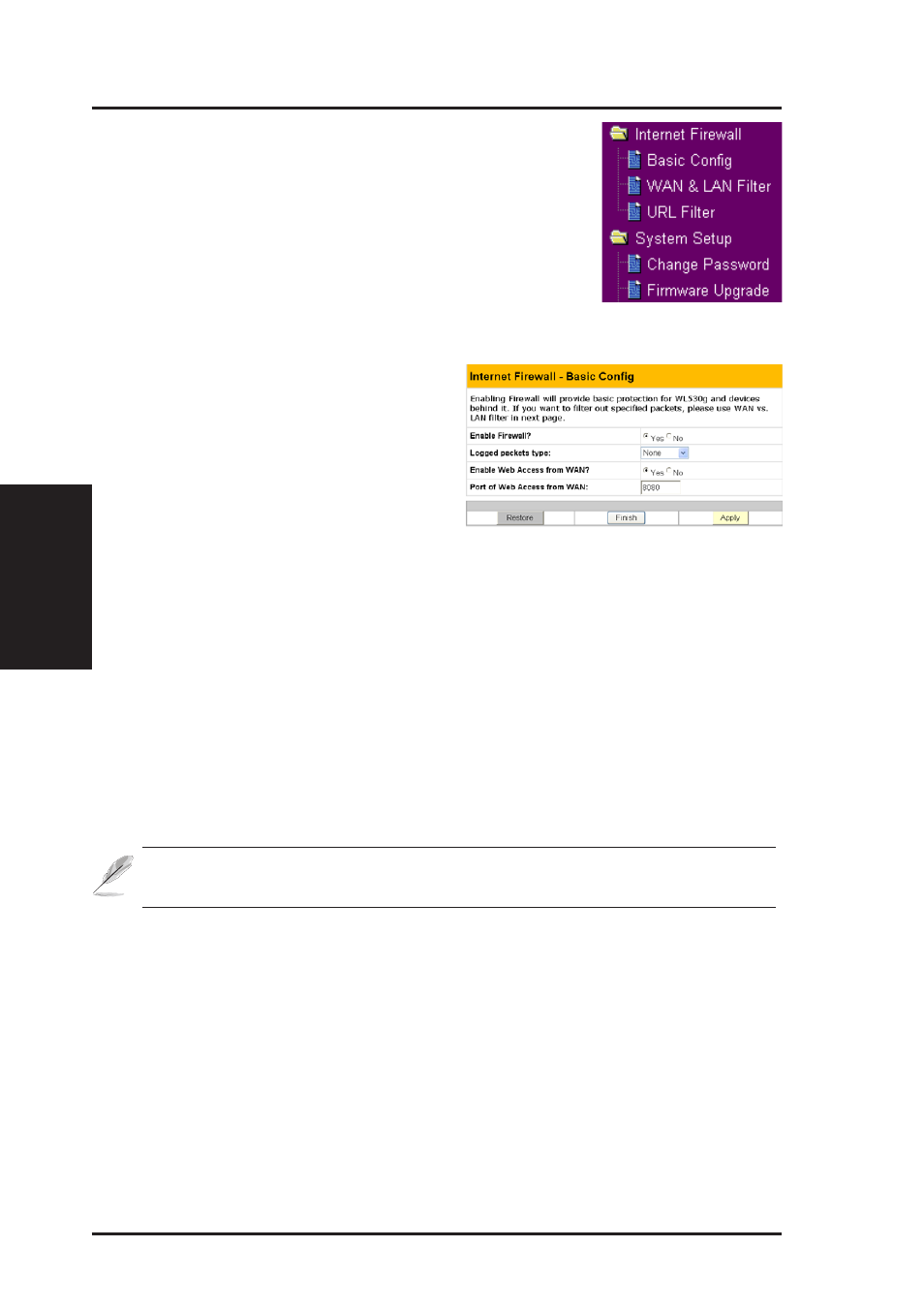 Internet firewall (cont.), Chapter 3 - software configuration, Basic config | Asus WL-530g User Manual | Page 46 / 73