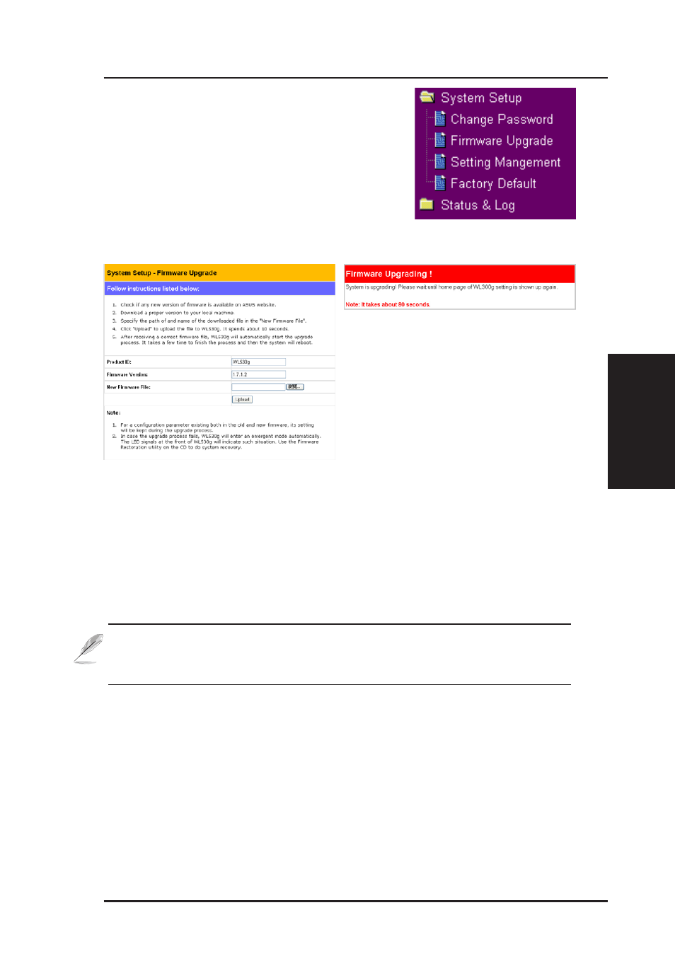 System setup (cont.), Firmware upgrade | Asus WL-530g User Manual | Page 51 / 73