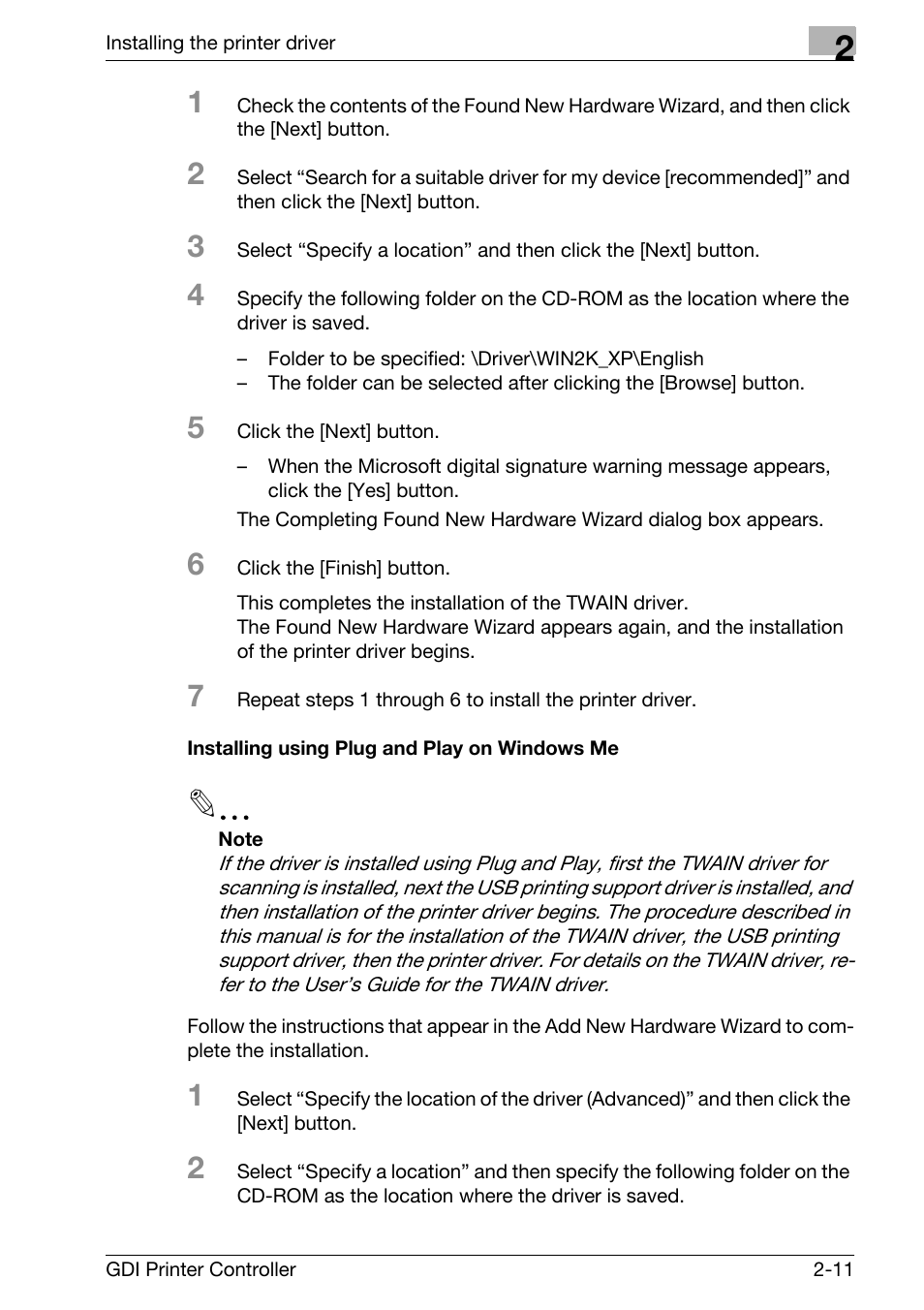 Installing using plug and play on windows me, Installing using plug and play on windows me -11 | Konica Minolta bizhub 181 User Manual | Page 24 / 92