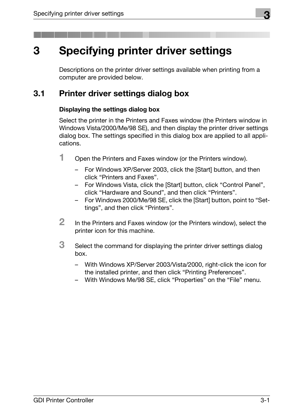 3 specifying printer driver settings, 1 printer driver settings dialog box, Displaying the settings dialog box | Specifying printer driver settings, Printer driver settings dialog box -1, Displaying the settings dialog box -1, 3specifying printer driver settings | Konica Minolta bizhub 181 User Manual | Page 44 / 92