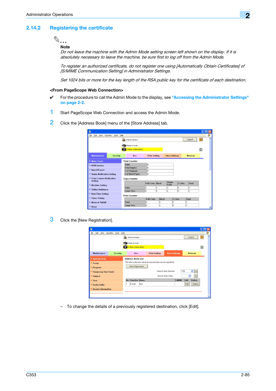 2 registering the certificate, Registering the certificate" on | Konica Minolta bizhub C353 User Manual | Page 100 / 186