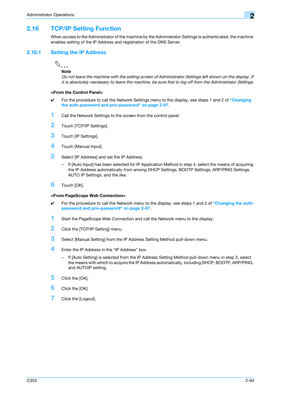 16 tcp/ip setting function, 1 setting the ip address, From the control panel | Tcp/ip setting function -94 | Konica Minolta bizhub C353 User Manual | Page 109 / 186