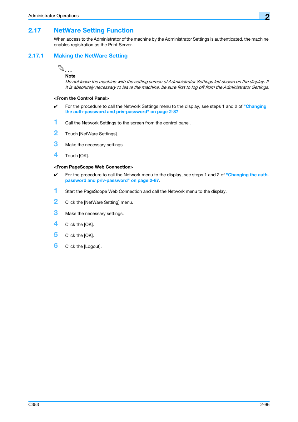 17 netware setting function, 1 making the netware setting, From the control panel | Netware setting function -96 | Konica Minolta bizhub C353 User Manual | Page 111 / 186