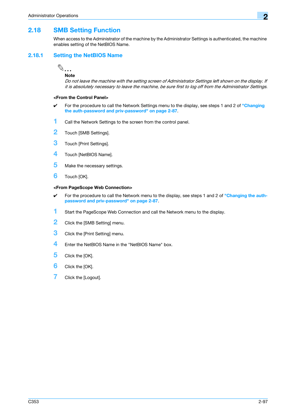 18 smb setting function, 1 setting the netbios name, From the control panel | Smb setting function -97 | Konica Minolta bizhub C353 User Manual | Page 112 / 186