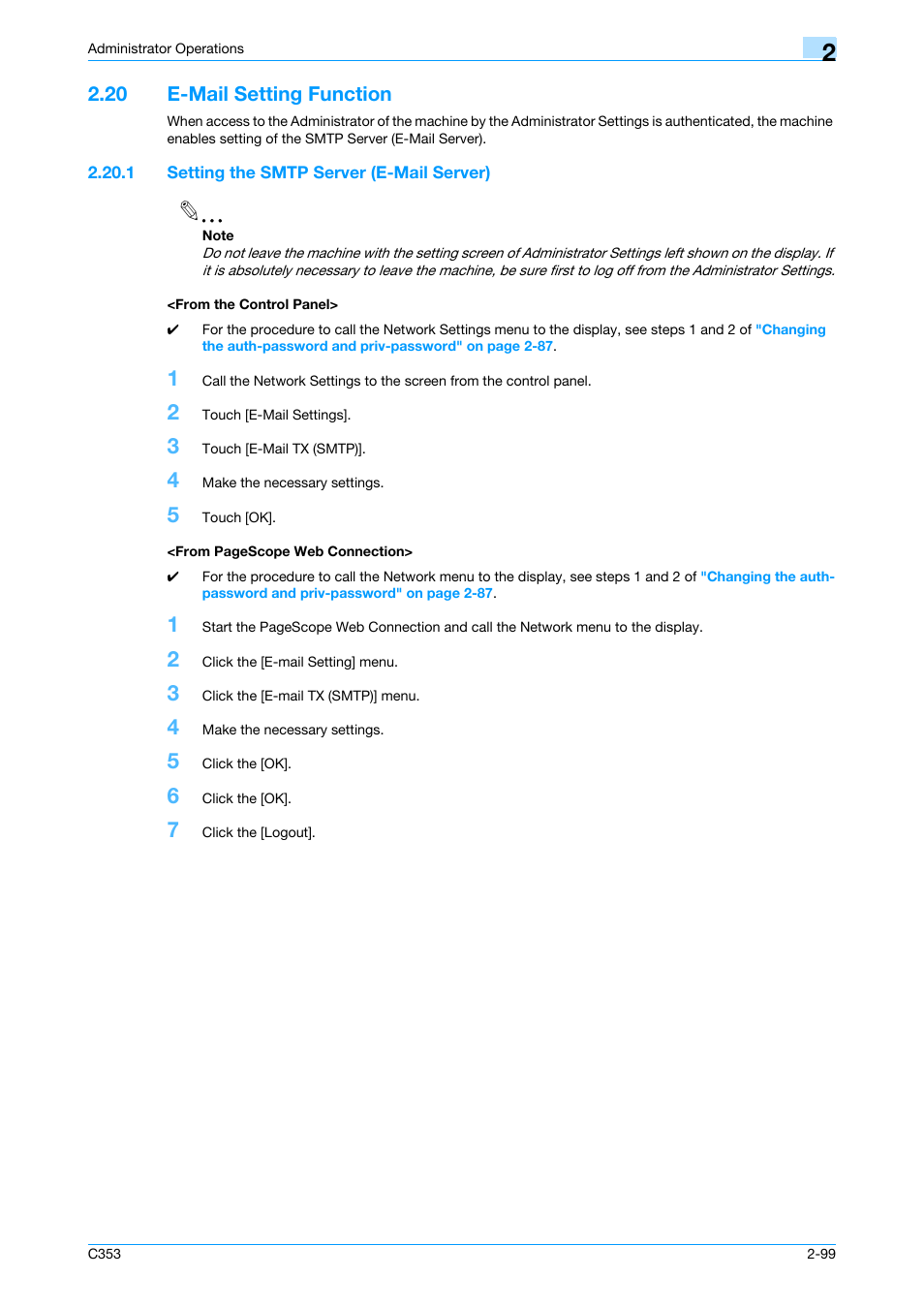 20 e-mail setting function, 1 setting the smtp server (e-mail server), From the control panel | E-mail setting function -99 | Konica Minolta bizhub C353 User Manual | Page 114 / 186