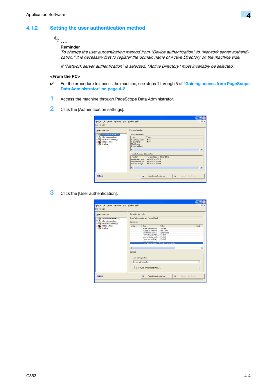 2 setting the user authentication method, From the pc | Konica Minolta bizhub C353 User Manual | Page 157 / 186