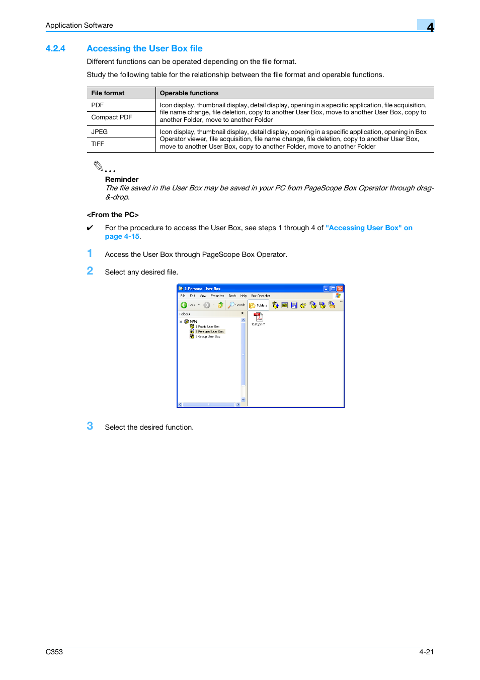 4 accessing the user box file, From the pc, Accessing the user box file -21 <from the pc> -21 | Konica Minolta bizhub C353 User Manual | Page 174 / 186