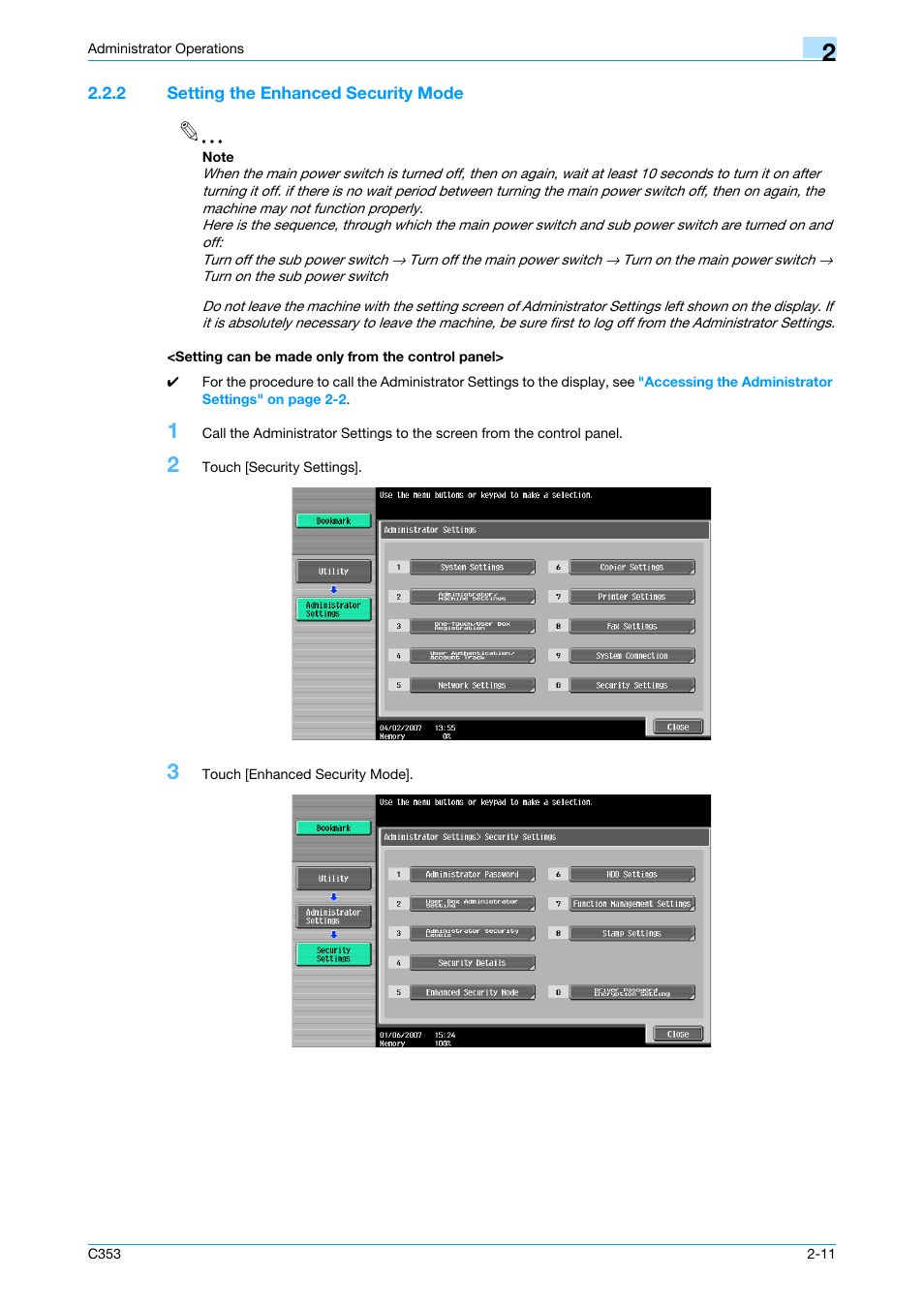 2 setting the enhanced security mode, Setting can be made only from the control panel | Konica Minolta bizhub C353 User Manual | Page 26 / 186