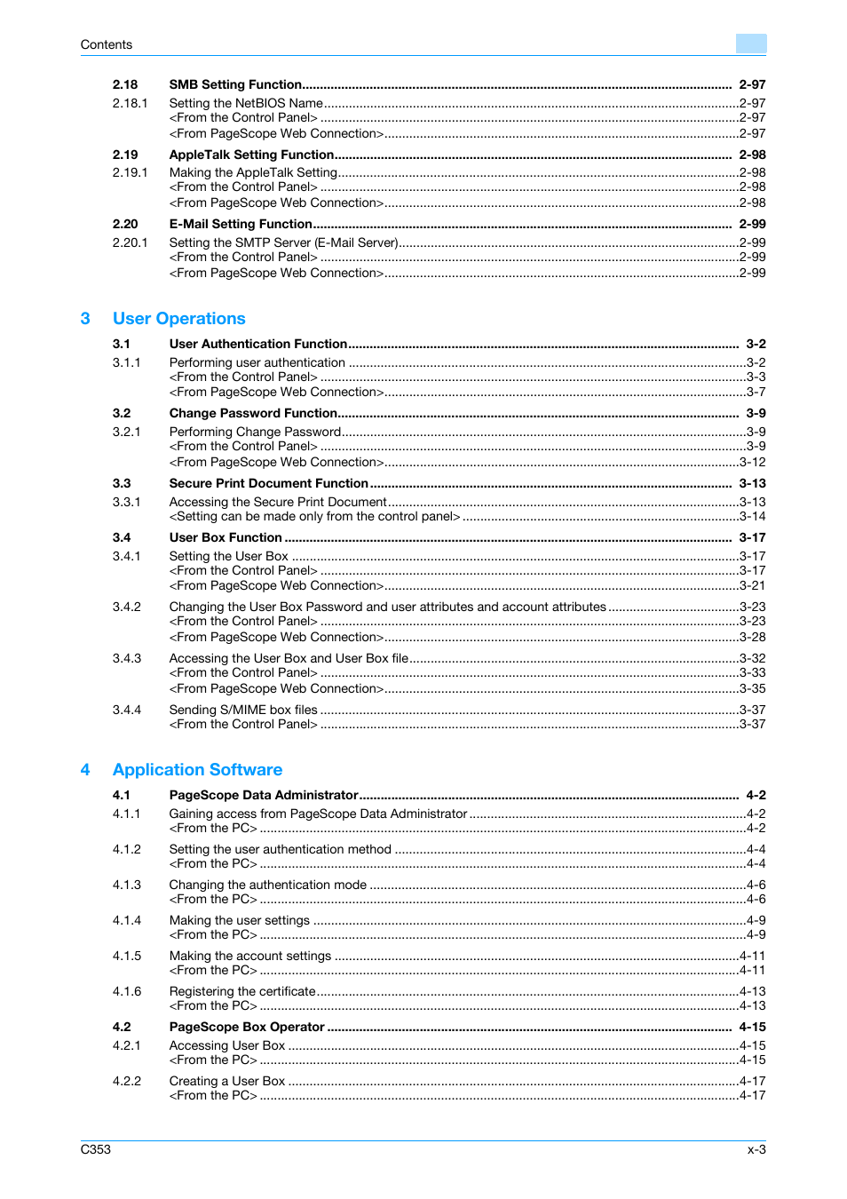 3user operations, 4application software | Konica Minolta bizhub C353 User Manual | Page 4 / 186