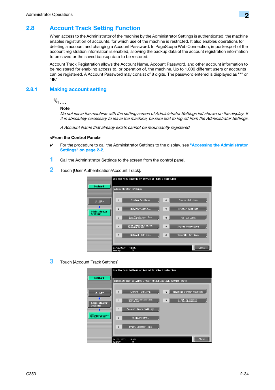 8 account track setting function, 1 making account setting, From the control panel | Account track setting function -34 | Konica Minolta bizhub C353 User Manual | Page 49 / 186