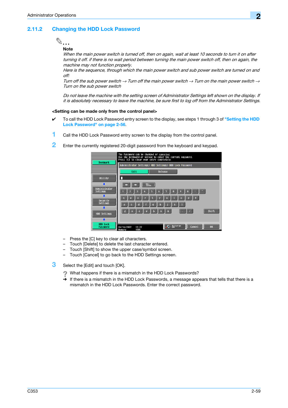 2 changing the hdd lock password, Setting can be made only from the control panel | Konica Minolta bizhub C353 User Manual | Page 74 / 186