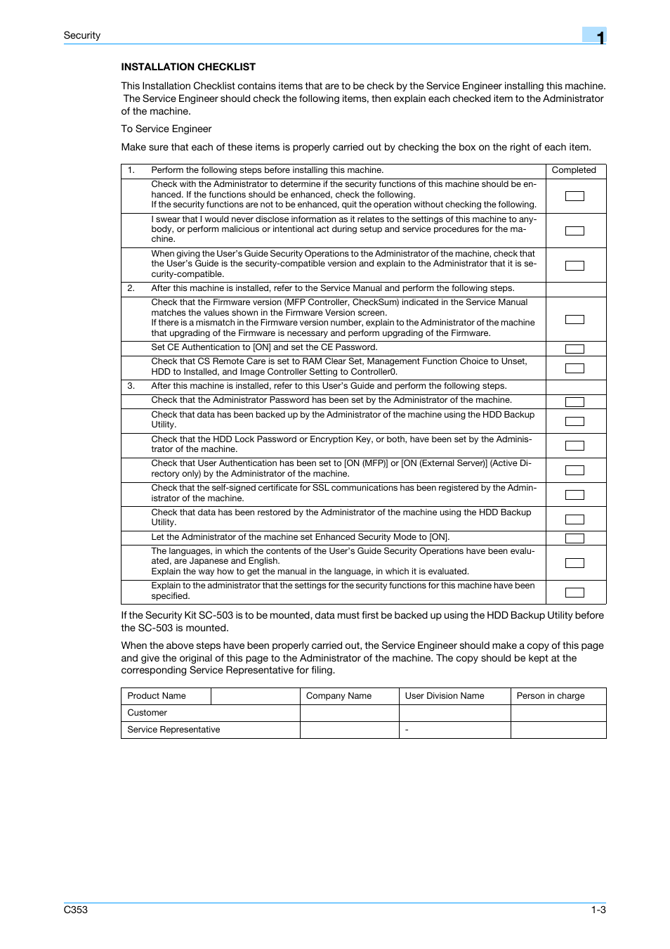 Installation checklist, Installation checklist -3 | Konica Minolta bizhub C353 User Manual | Page 8 / 186