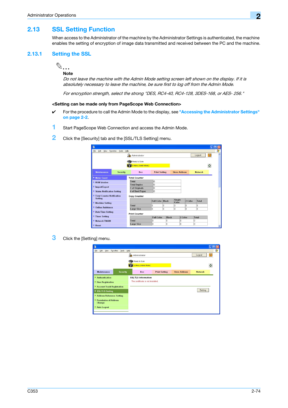 13 ssl setting function, 1 setting the ssl, Ssl setting function -74 | Konica Minolta bizhub C353 User Manual | Page 89 / 186