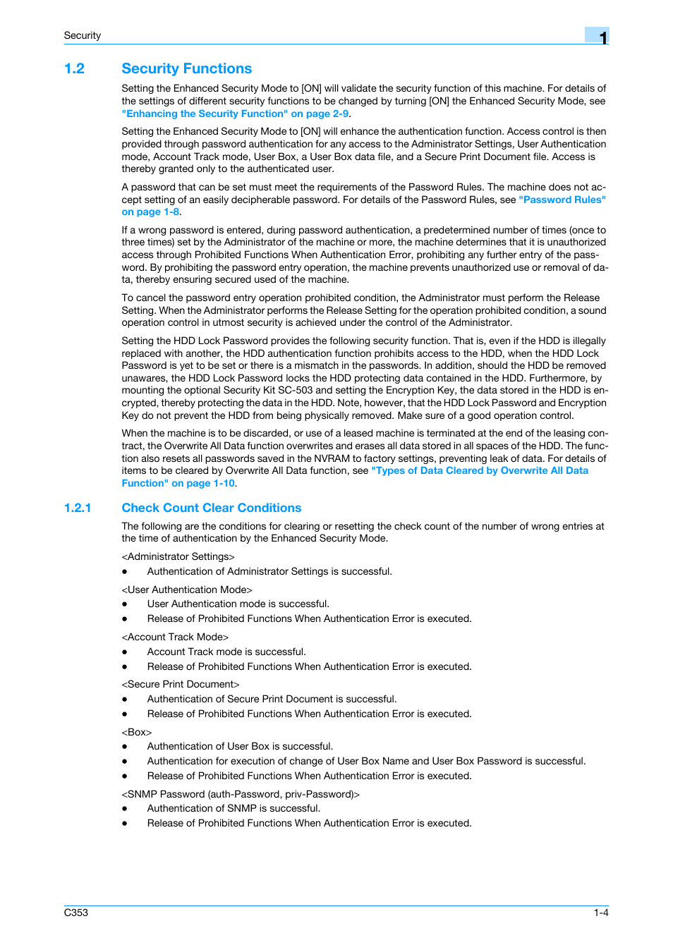 2 security functions, 1 check count clear conditions, Security functions -4 | Check count clear conditions -4 | Konica Minolta bizhub C353 User Manual | Page 9 / 186